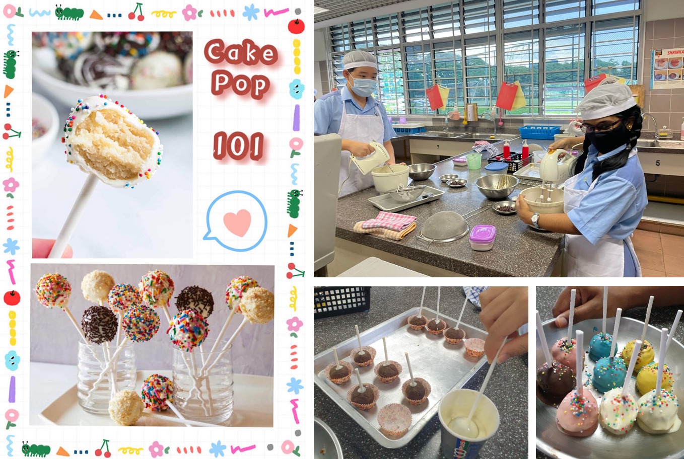 Students in aprons and masks make colorful sprinkle-covered cake pops in a school kitchen, shown in five photos.